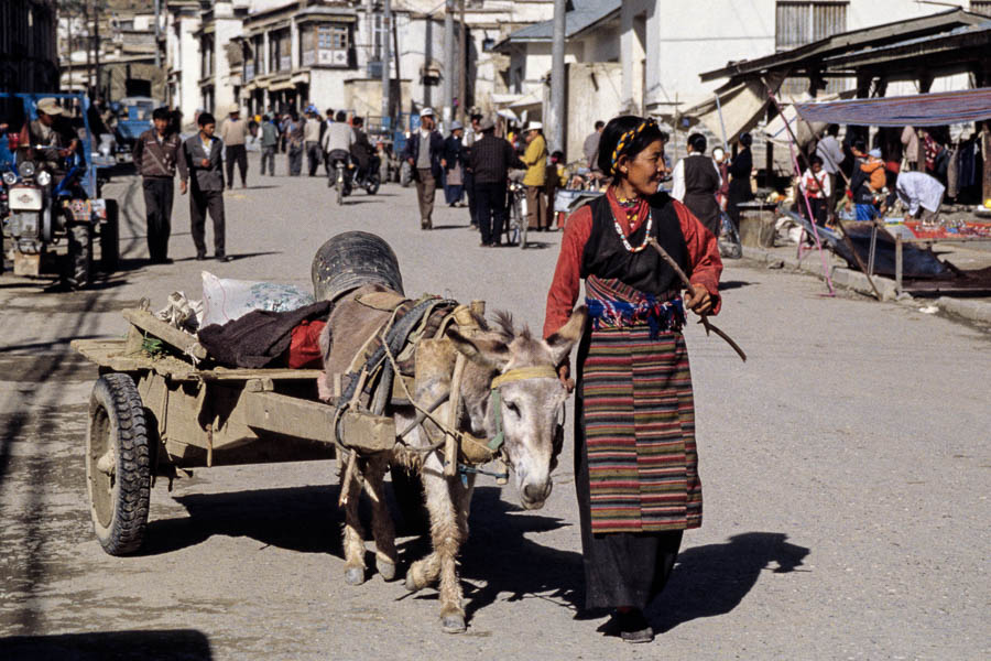 Shigatse : marché, Tibétaine avec sa carriole